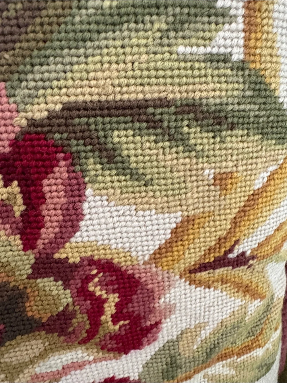 Floral needlepoint Throw Pillow in Red, Burgundy, Cream, Beige, Pink and Green